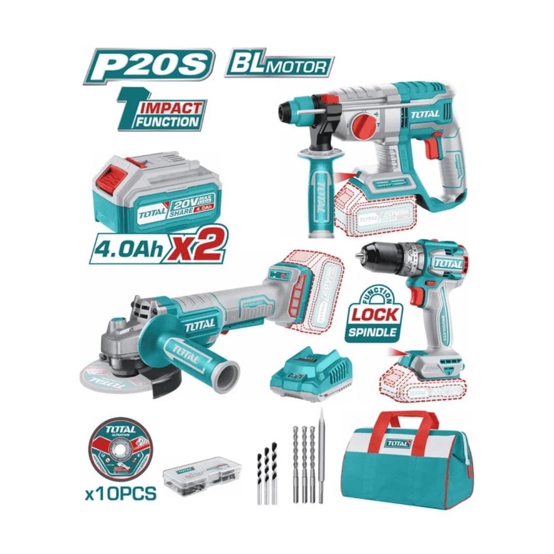 Kit combo 3 pièces sans-fil Brushless 20V 4Ah – Total Outillage TOSLI240202