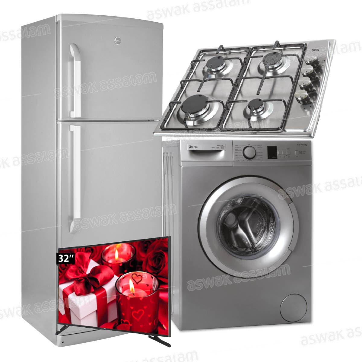 Pack Electromenager : Refrigerateur Dp405 405l + Machine A Laver 842s 6kg + Plaque de Cuisson Inox Ex410 4 Feux + Smart Tv 32 Pouces Siera