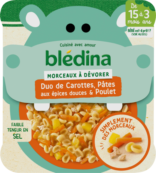 Assiette Duo de Carottes, Pâtes aux Épices Douces & Poulet Blédina