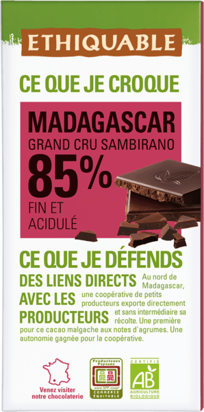 Tablette de Chocolat Noir 85% Bio Ethiquable