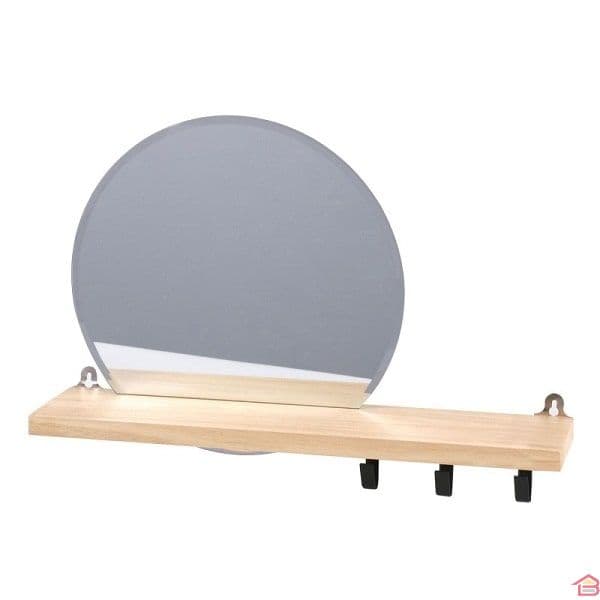 Etagere Bois Avec Miroir et 3 Crochets en Metal 45x10x30 Cm