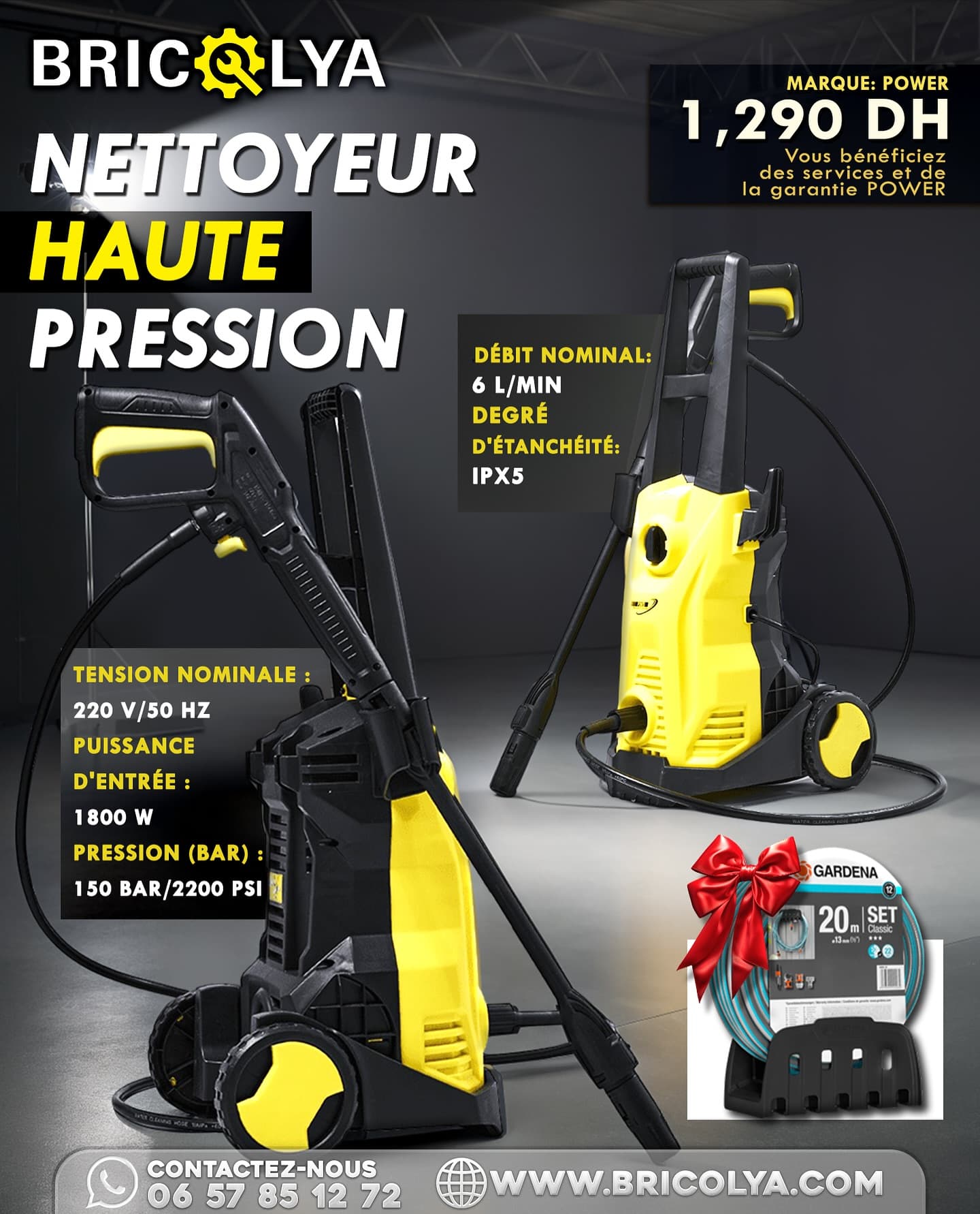 Nettoyeur haute pression Power 1800W 150BAR + Tuyau Classic Gardena 20m + Porte Tuyau Mur