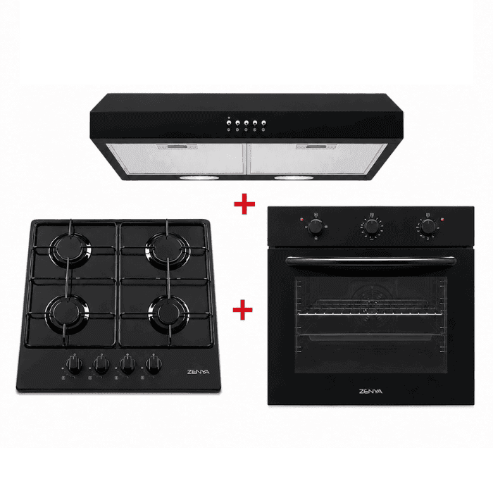 Trio Zenya Noir: Plaque 60cm à 4 Feux+four Electrique 3boutons+hotte sous Meuble