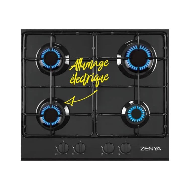 Plaque Zenya Noir 4feux à Gaz 60cm