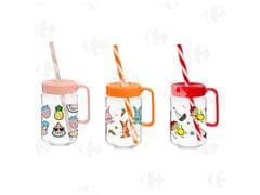 Mug en Verre Décorée avec Couvercle et Paille 0,37L