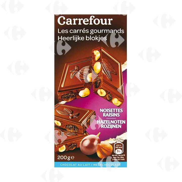 Tablette de Chocolat au Lait aux Noisettes aux Raisins Carrefour 200g