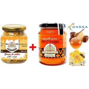 Palmarès des terroirs Marocains Miel d'oranger 100% Naturel -1kg + Grains de pollen 100% Naturel (énérgissant, Fértilité, superaliment, Grippe, rhum) 100g