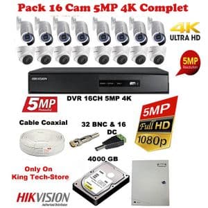Hikvision Pack complet de 16 Cameras de Surveillance 5MP 4K 1980P Jour/Nuit