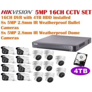 Hikvision Kit de cameras de surveillance 5MP 4K : 16CH DVR +4TB HDD + 16* 5MP IR WEATHERPROOF BULLET & DOME CAMERAS Jour/Nuit