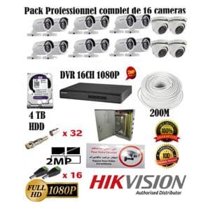 Hikvision Pack Professionnel complet de A à Z de 16 Camera de surveillance 2MP 1080P ,12 ETANCHE et 4 Dome