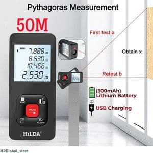HILDA Télémètre laser numérique 50m, distance mètre ruban, Lithium Battery 300mAh