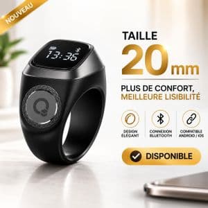 Iqibla Zikr, IQibla, Smart Ring, Bague, Taille 20mm, Dhikr, louange, Tasbih, Tally, compteur, heures de prière, rappel, vibrations, étanche