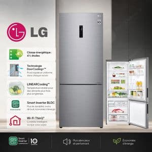 LG Réfrigérateur 455L Smart Inverter Congélateur Bas,Technologie DoorCooling+, Wi-Fi ThinQ, GR-B639NLCM