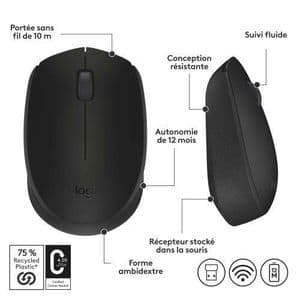 Logitech M171 Souris Sans Fil pour PC, Mac, Ordinateur portable, 2,4 GHz avec Mini-récepteur USB, Suivi Optique, Autonomie de Piles de 12 mois, Ambidextre- Noir