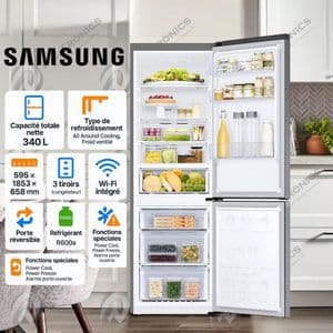 Samsung Réfrigérateur Combiné 340L Net Froid ventilé, Inox, Wi-Fi, RB34C600ES9
