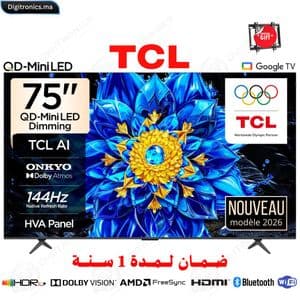 TCL 75 Premium QD-Mini LED 4K Smart Google TV 144Hz, HDR10+ Dolby Vision & ONKYO + Support Gratuit, 75P8L