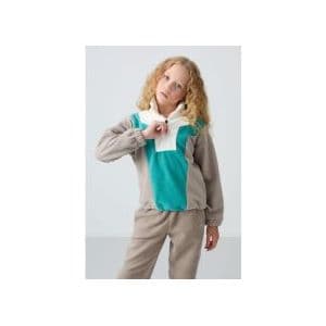 Trendyol Girl's Oversize Fleece Sweatshirt - Dark Beige, Embroidered, Thick Soft Texture - 75153