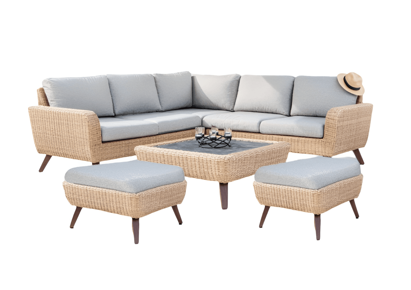 Coin Royal Riviera Avec Table + 2 Poufs - Gris / Miel