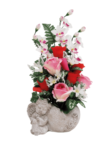 Composition Pot Ange Mini Rose Lys Feuillages Artificiels - Ligne Déco