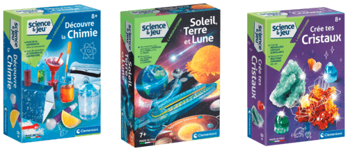 1. Lot de 3 Mini Coffrets - Chimie - Système Solaire - Cristaux 2. Lot de 3 Mini Coffrets - Cristaux - Savons - Vernis à Ongles - Clementoni
