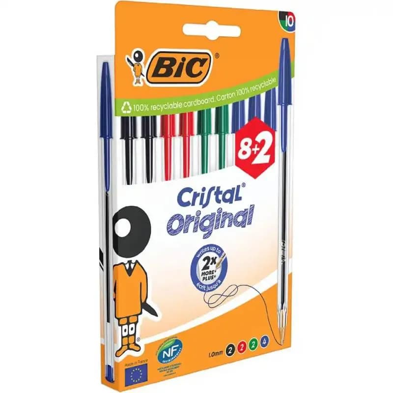 Set de 10 stylos bille Cristal couleurs assorties (8+2) - BIC