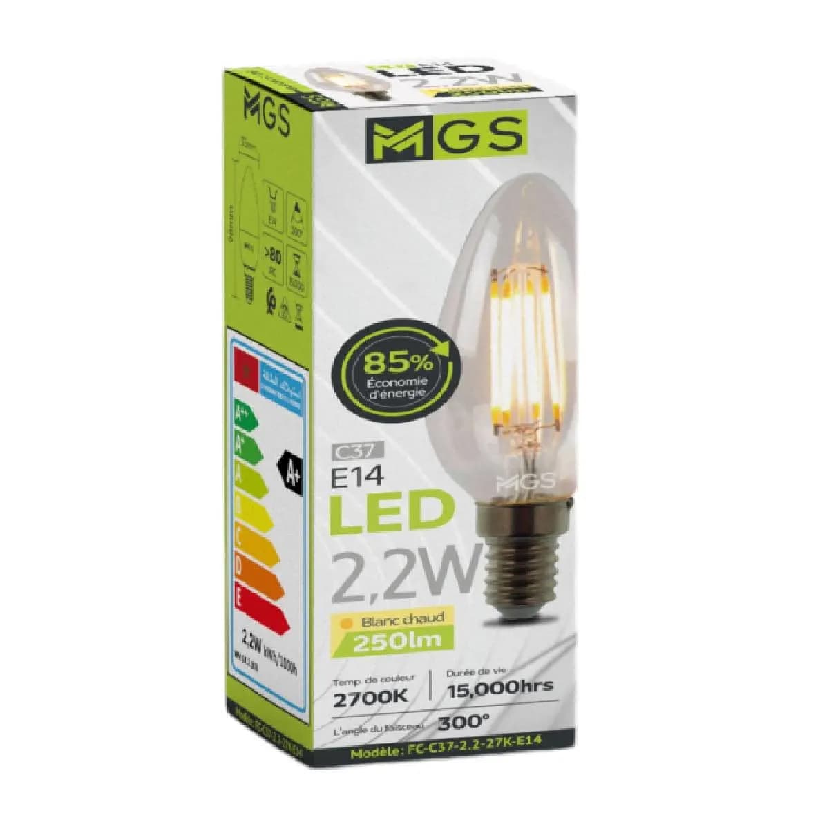 Ampoule LED C37 FILAMENT 2,2W E14 - MGS
