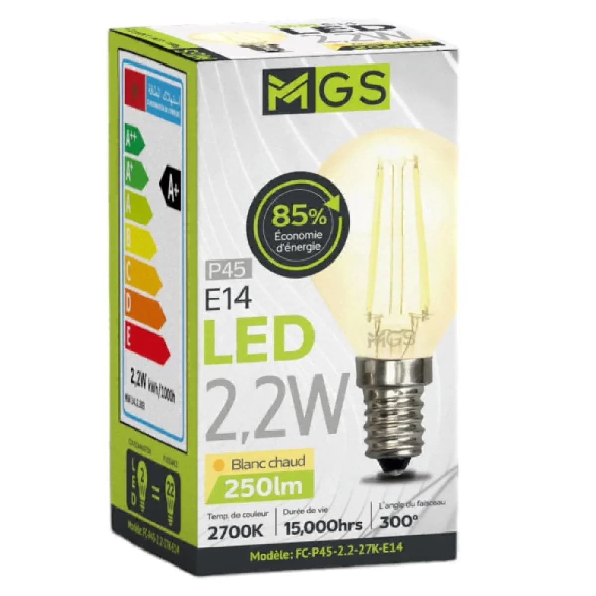 Ampoule LED P45 FILAMENT 2,2W E14 - MGS
