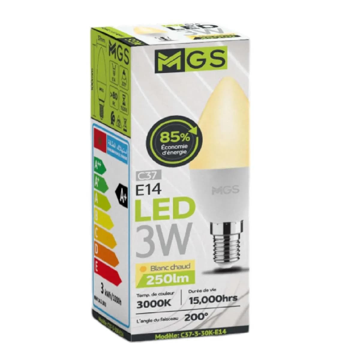 Ampoule Lustre LED C37 3W E14 lumière jaune - MGS