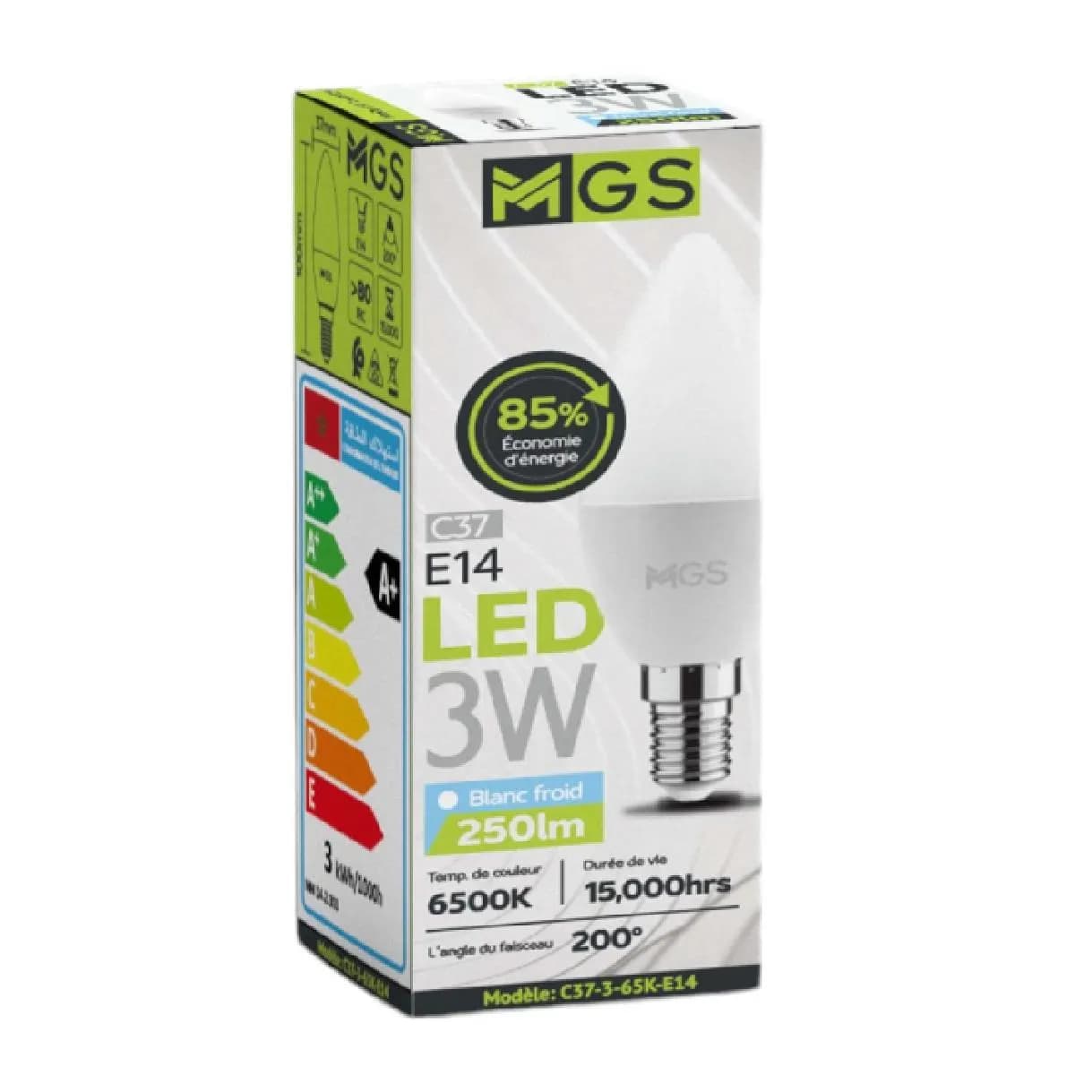 Ampoule Lustre LED C37 3W E14 lumière blanche - MGS