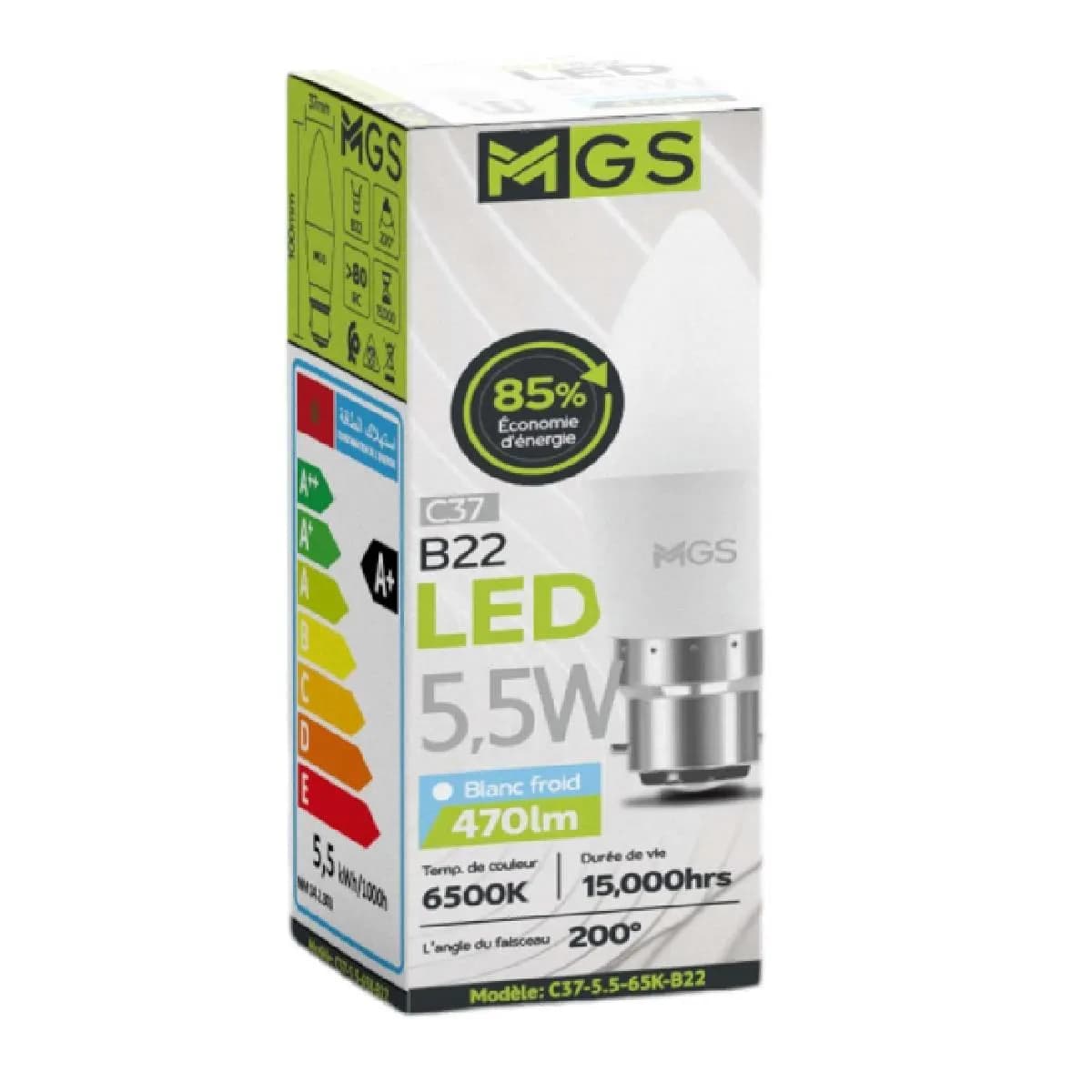Ampoule Lustre LED C37 5,5W B22 lumière blanche - MGS