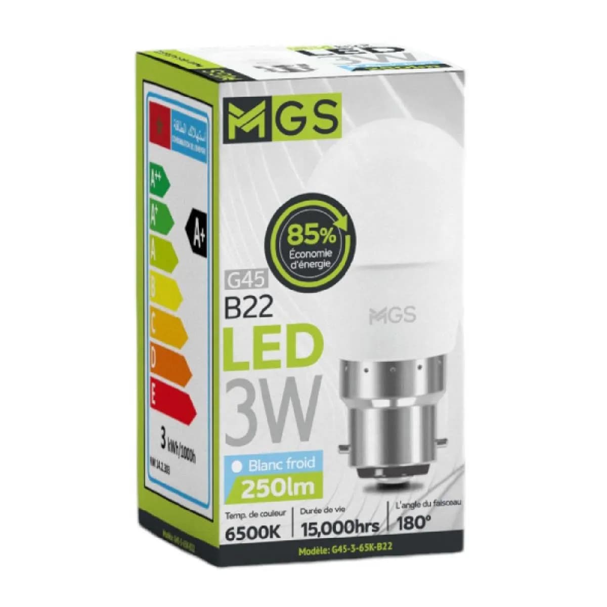 Ampoule LED G45 3W B22 blanc froid - MGS