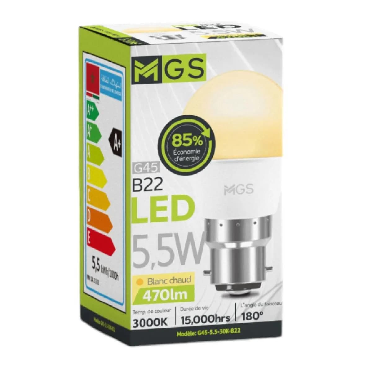 Ampoule LED G45 5,5W B22 lumière jaune - MGS