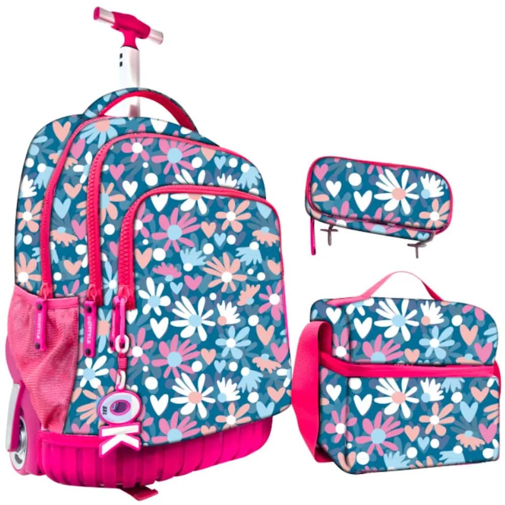 Set 3 en 1 sac à dos trolley fille + sac à goûter + Trousse 2zip motifs filles