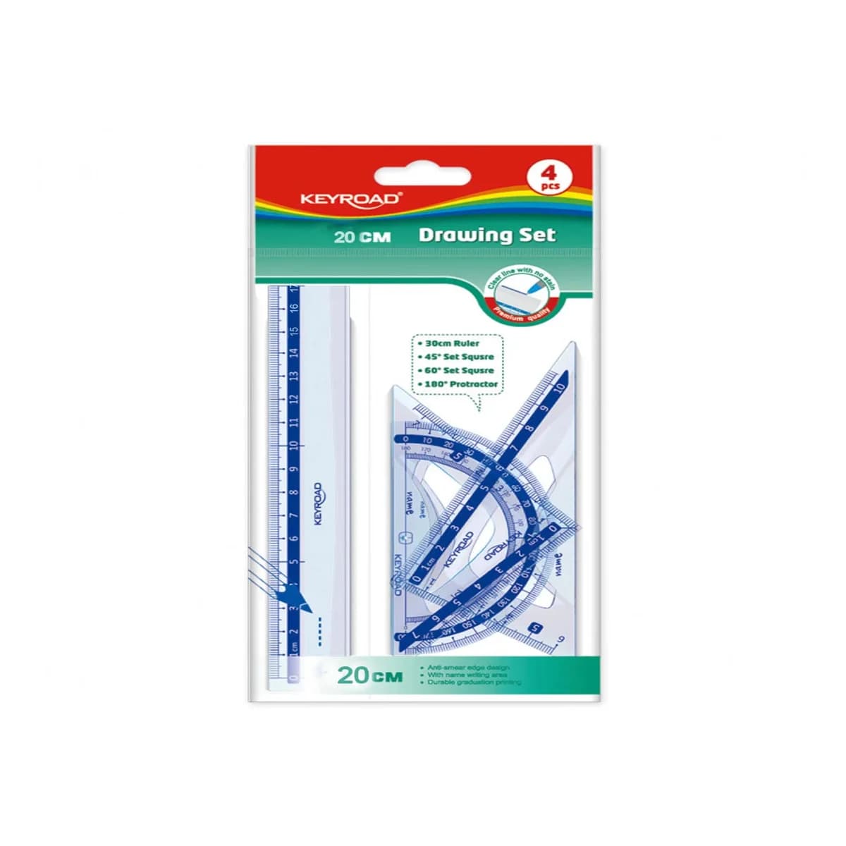 Kit de 4 pièces règle 20cm rapporteur + 2 equères - KEYROAD