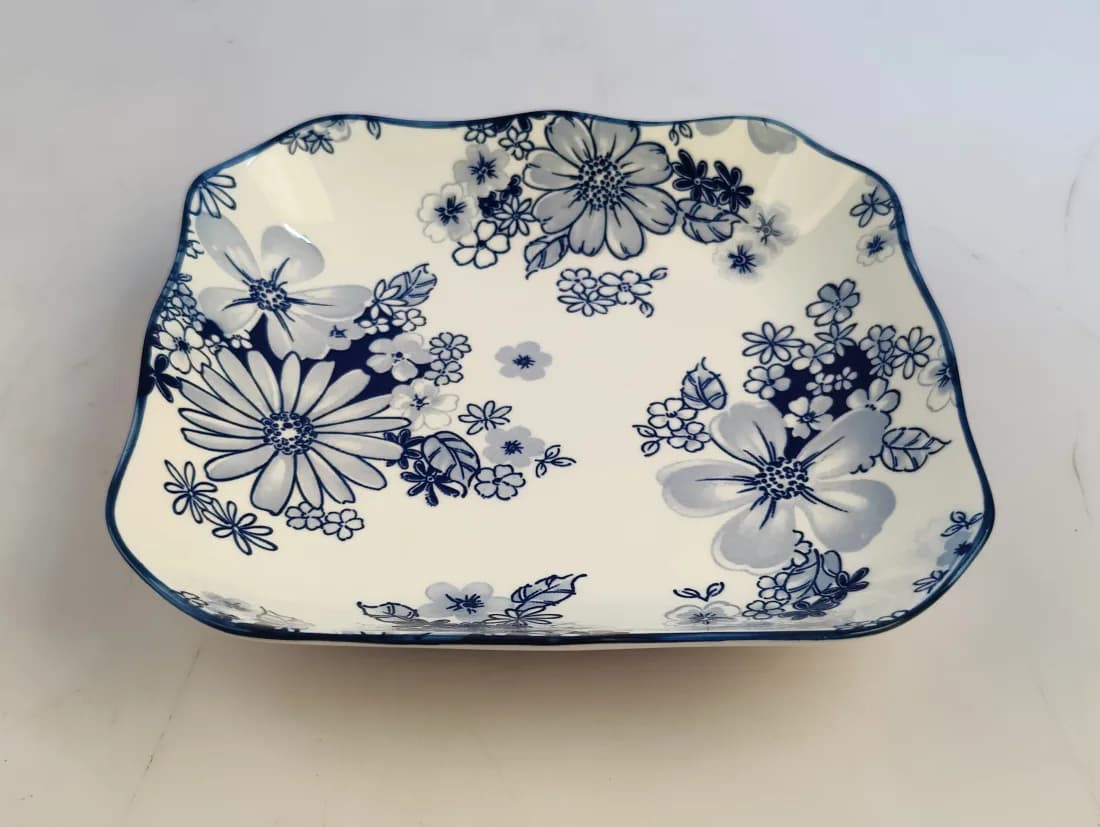 Assiette Plate Carrée 20,4 cm - Motif Fleurs Indigo