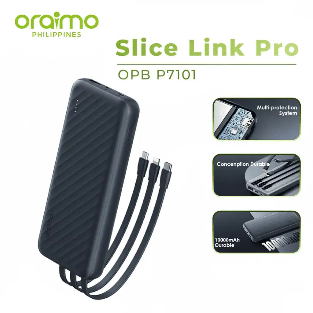 Batterie Externe Oraimo Slice Link 10000mAh - 12W - Noir - 3 Câbles Intégrés
