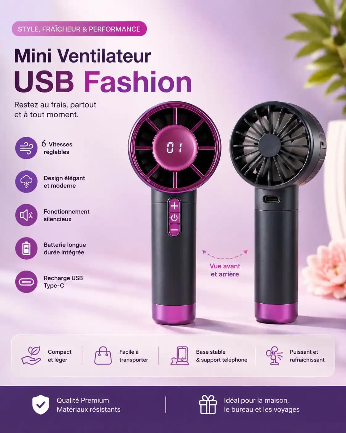 Mini Ventilateur Portatif USB Rechargeable, Couleur aléatoire