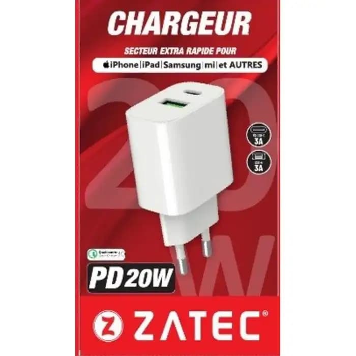 Chargeur Secteur Double Port USB & USB-C – 20W PD – 3A – Charge Rapide et Intelligente