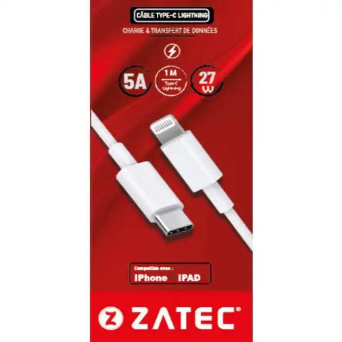 Câble ZATEC Type-C vers Lightning 27W – PVC – 1 m – Charge Rapide et Synchronisation