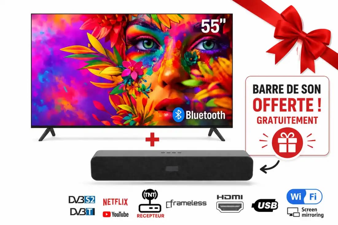 Smart TV ZATEC 55" - Ultra HD 4K - Android - Metal Frameless - Récepteur Satellite & TNT Intégrés + BARRE DE SON OFFERTE