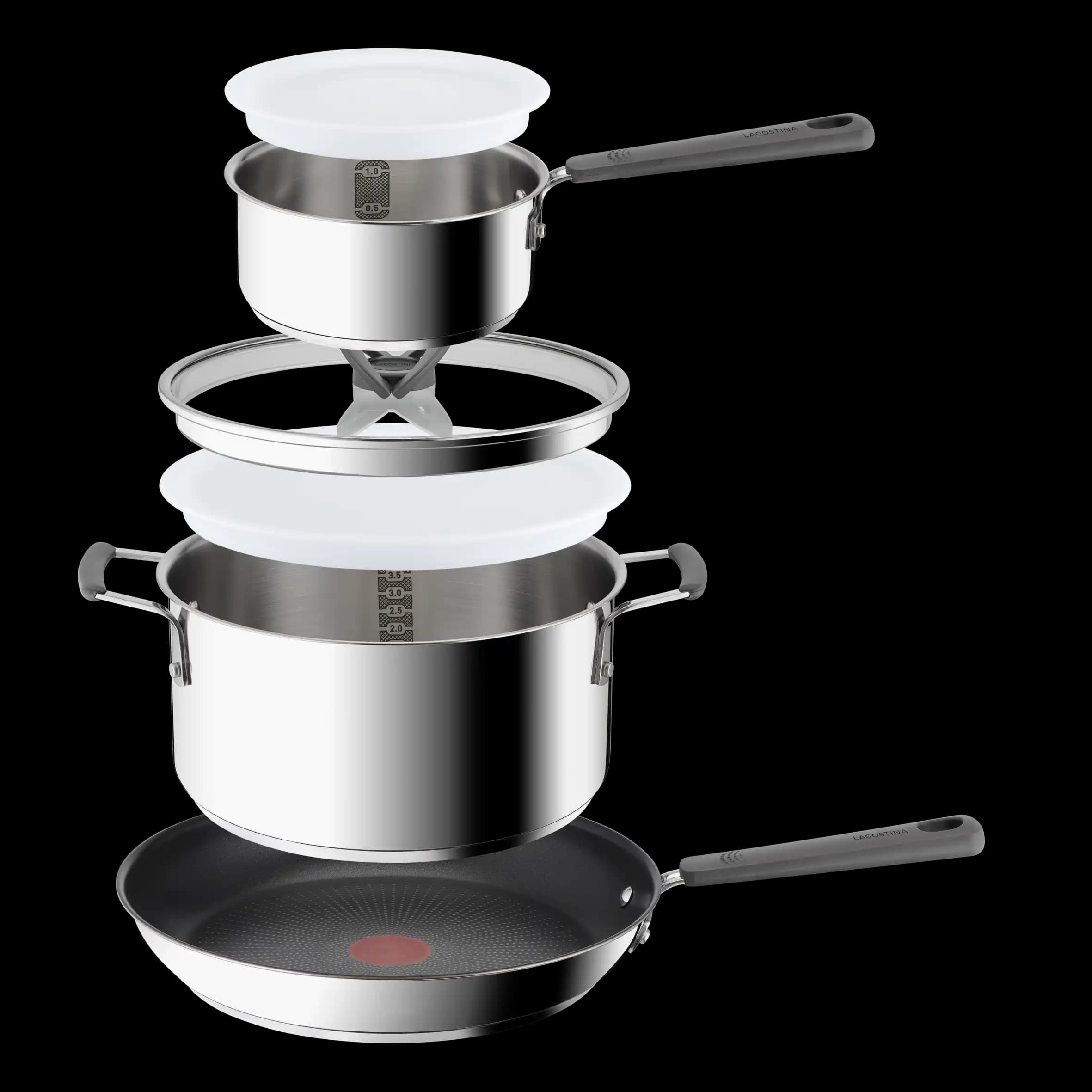 Batterie de cuisine Tefal Opti'Space Inox 6 pièces – Casserole 16 cm, Faitout 24 cm, Poêle 28 cm + 2 couvercles G7376S04