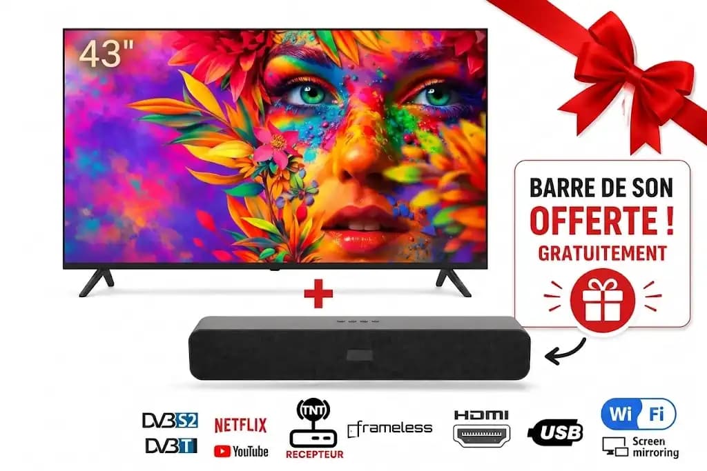 Smart TV ZATEC 43" Full HD - Android 14 - Design Metal Frameless - Récepteur & TNT Intégrés + BARRE DE SON OFFERTE