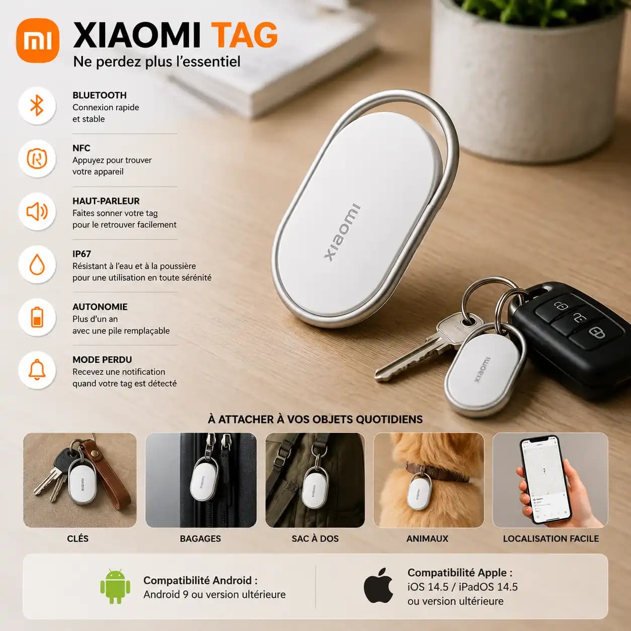 XIAOMI Tag –Traceur Bluetooth Compatible Apple Find My et Google Find Hub, IP67