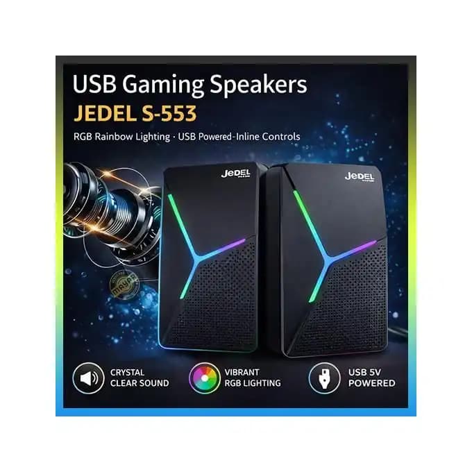 Jedel S-553 – Enceintes PC USB 2.0 avec Éclairage RGB Rainbow – 2 x 3W Stéréo – Contrôle Filaires – Câble 1,05 m