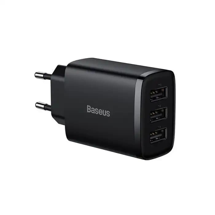 Chargeur Secteur USB Baseus Compact 17W - 3 Ports USB-A - Adaptateur Mural Universel Rapide - Noir