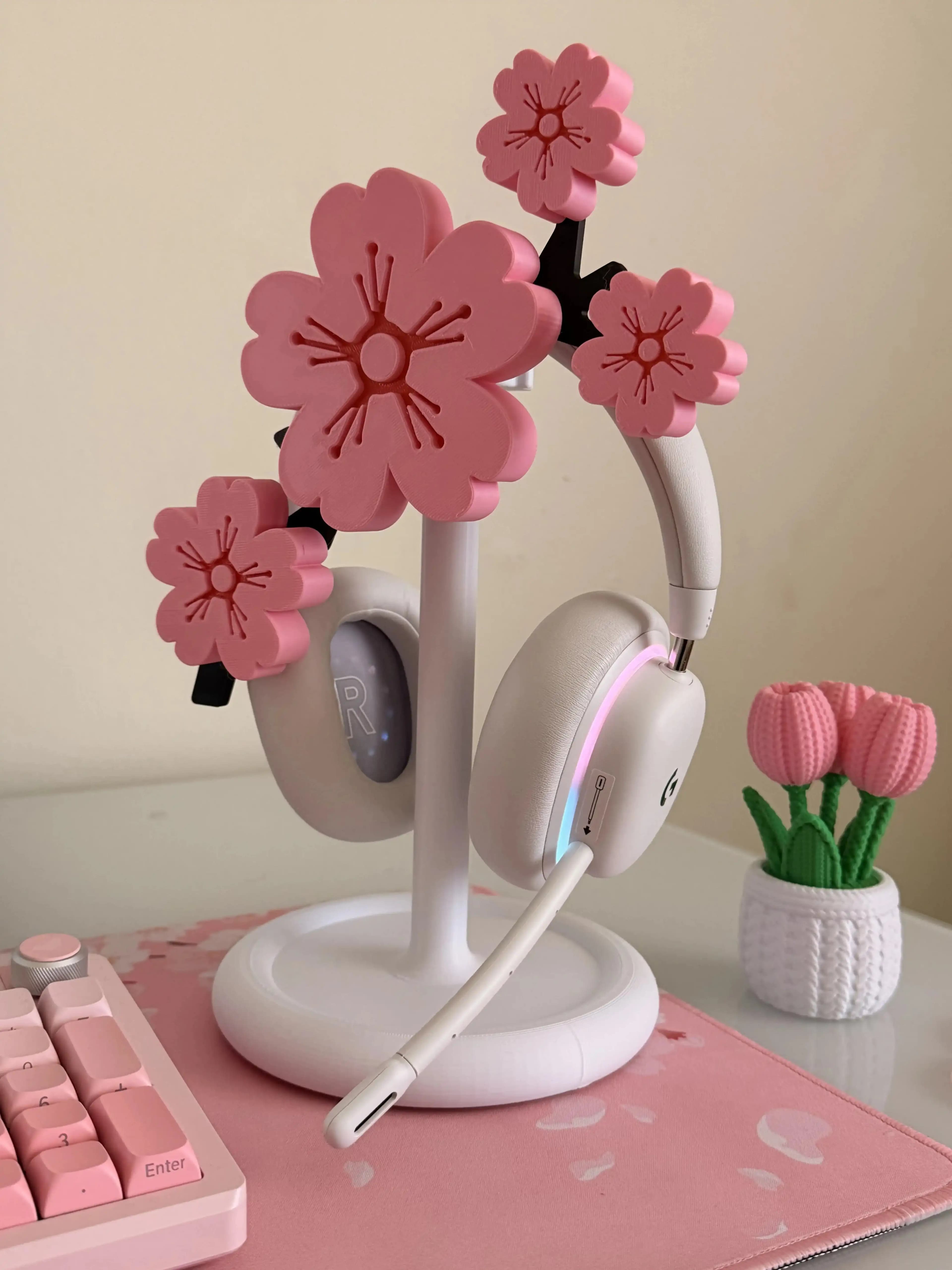 Support Casque Gaming Sakura – Support de Bureau Élégant avec Fleurs de Cerisier