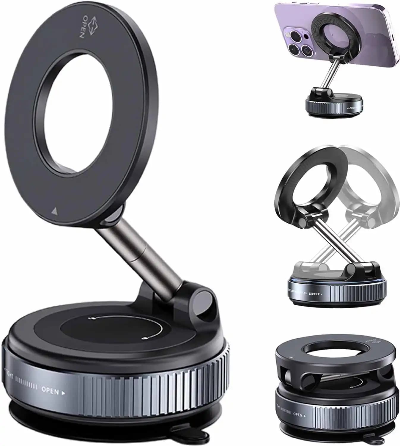 Support téléphone magnétique à ventouse – Noir & Argent | Fixation puissante et utilisation mains libres