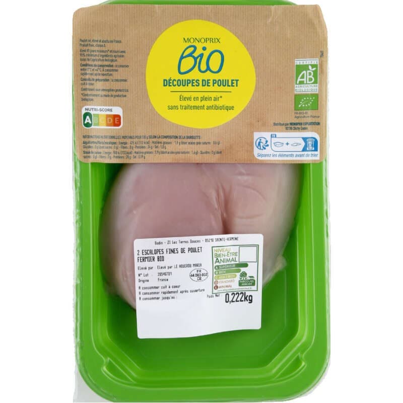 Monoprix Bio Escalope Fine De Poulet Fermier 235g