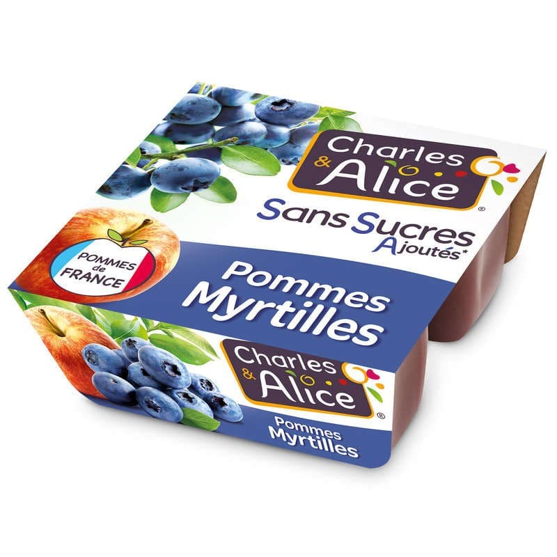 Charles & Alice desserts fruités pommes myrtilles sans sucres ajoutés 4x97g
