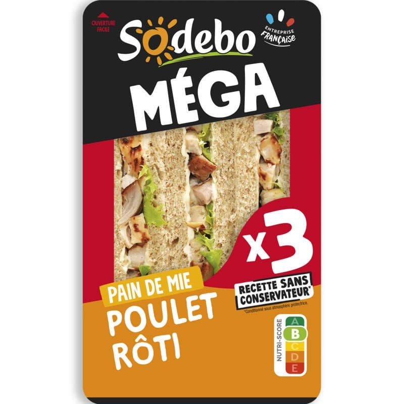 Sodebo Sandwich Méga club poulet rôti mayo légère 230g